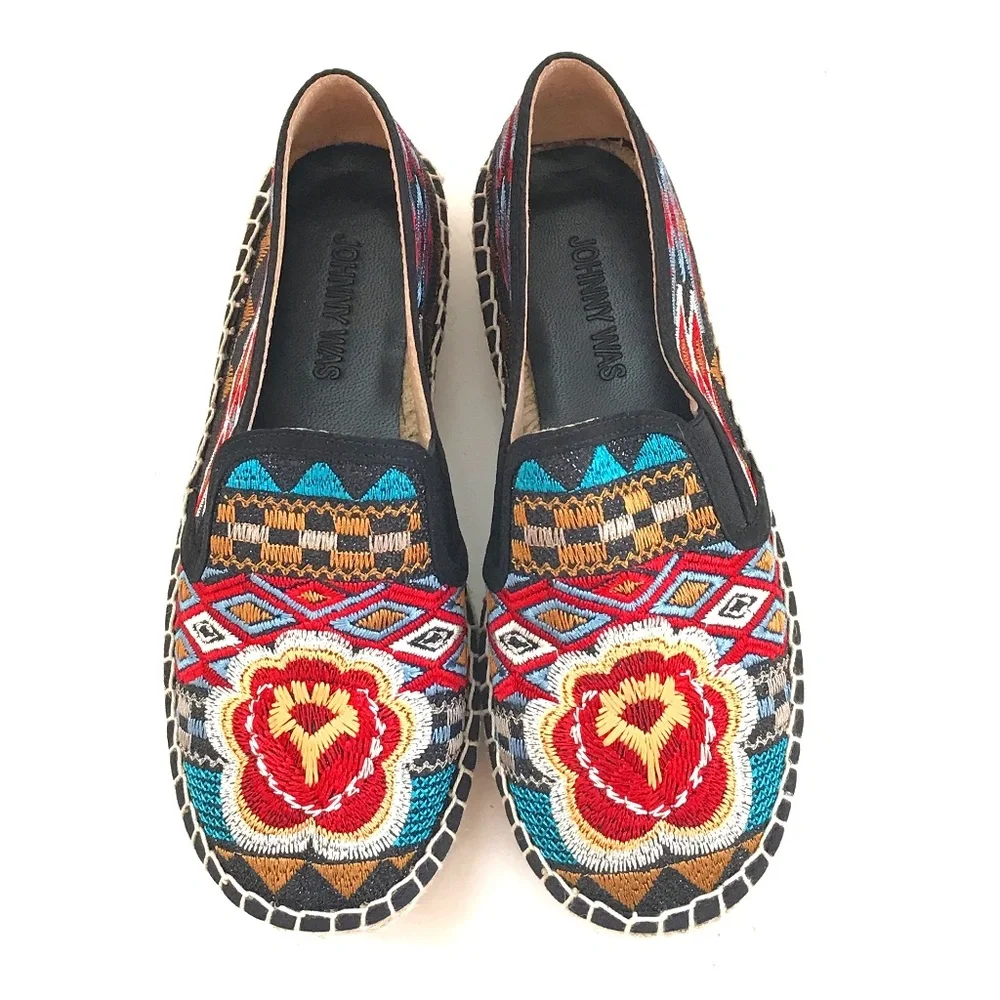 JOHNNY WAS Espadrille Platform Shoe Embroidered Bohemian Women’s Size 6 EU 36